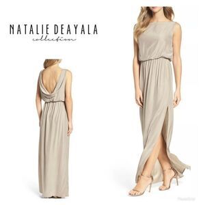 Natalie Deayala drape back silk column dress. NWT